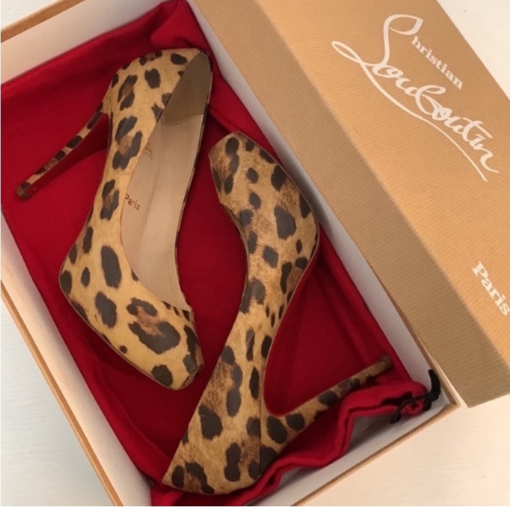 Christian Louboutin open clic 120 patent leopard heels